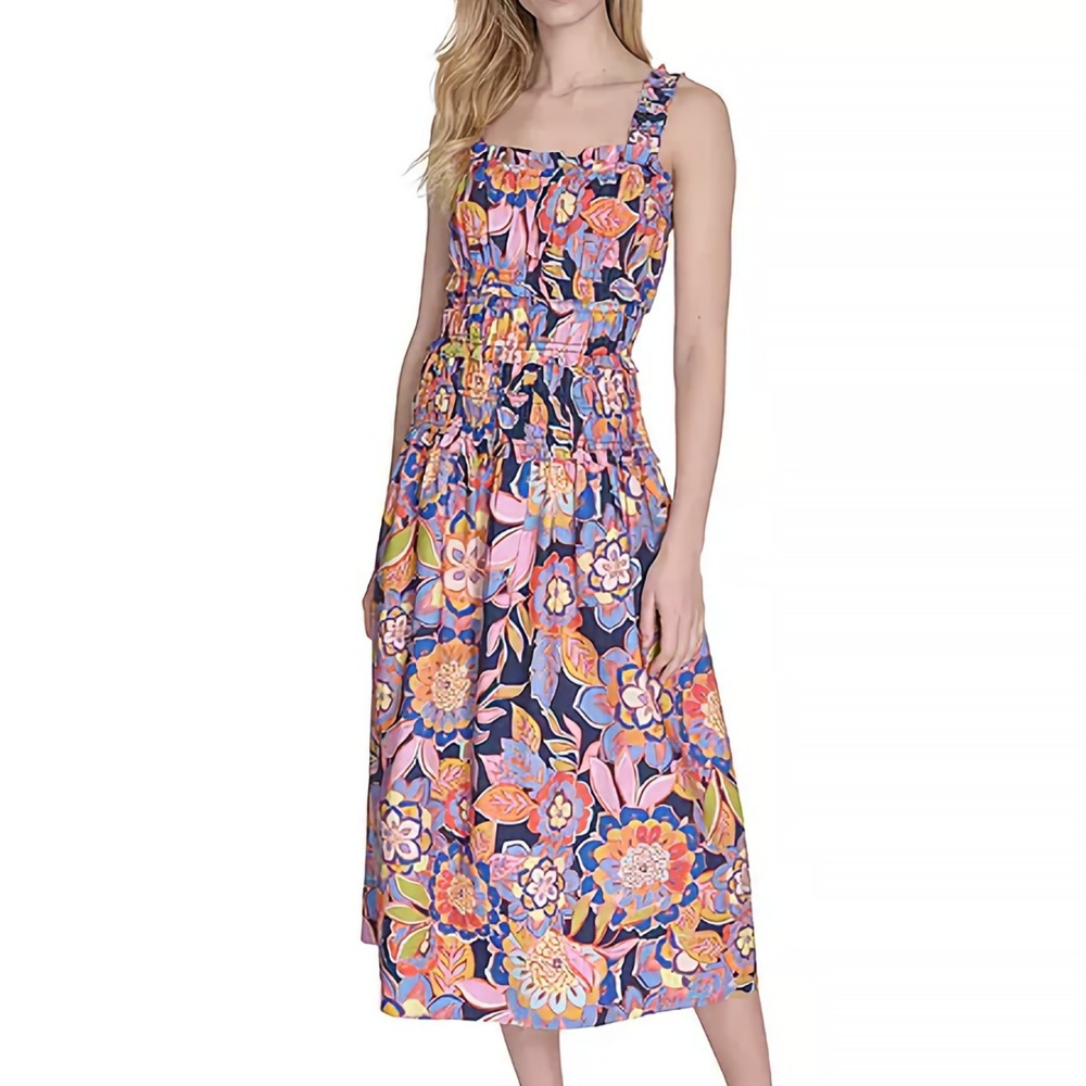 Eliza J Cotton Smocked Waist Floral Print Square Neck Multi Dress Womens 18W NWT